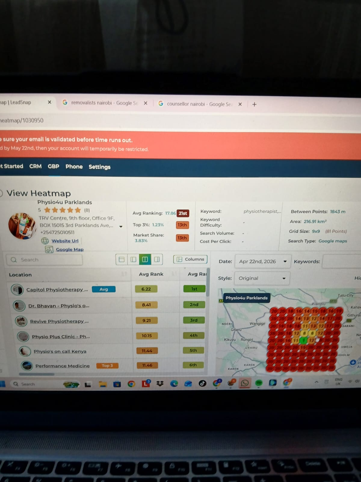physio4u physiotherapy Google Maps ranking heatmap after, green core