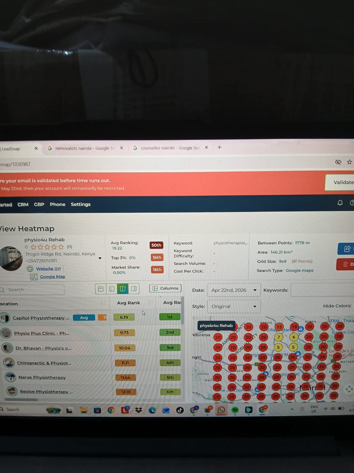 physio4u physiotherapy Google Maps ranking heatmap before, all red