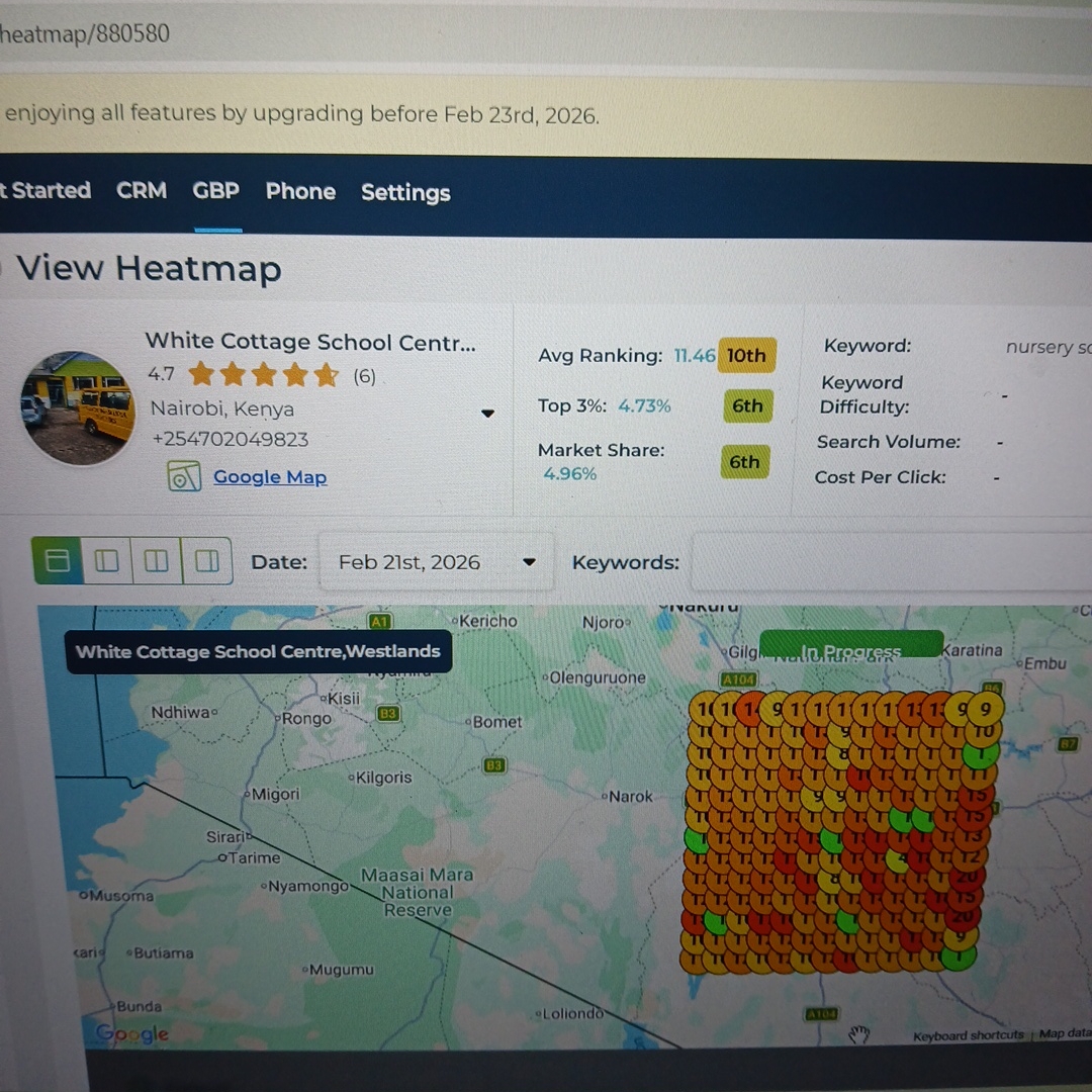 White Cottage School Google Maps ranking heatmap before, orange, in progress